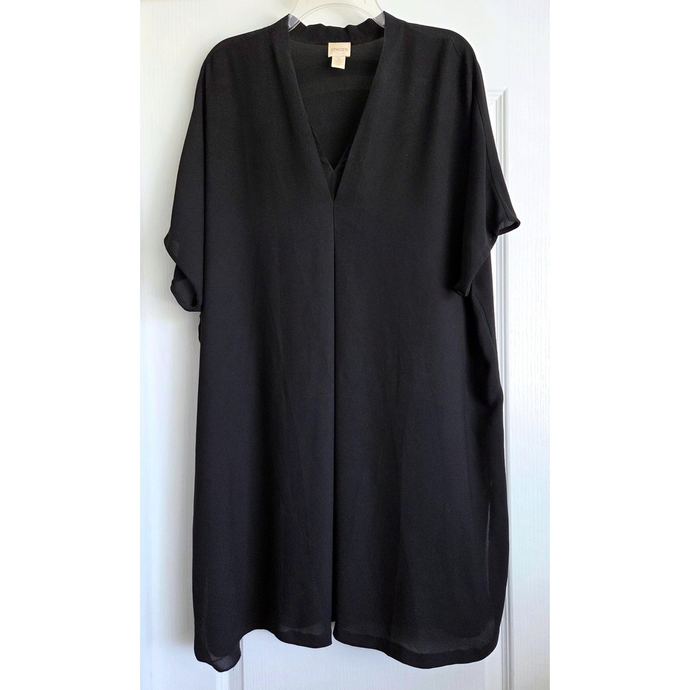 Chicos Black V-Neck Tunic Top Short Sleeve Side Slit Crepe Blouse Size 3 XL
